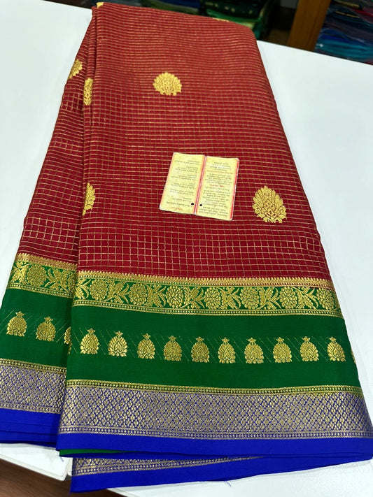 Pure Mysore Silk Sarees with checks pattern with rich pallu in elegant colour combinations