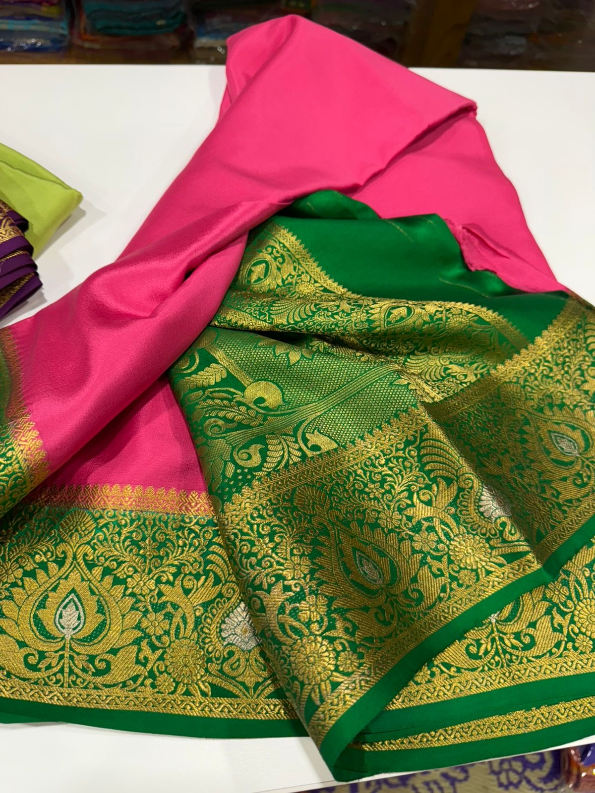 Contrast combination pattern mysore silk sarees with rich pallu