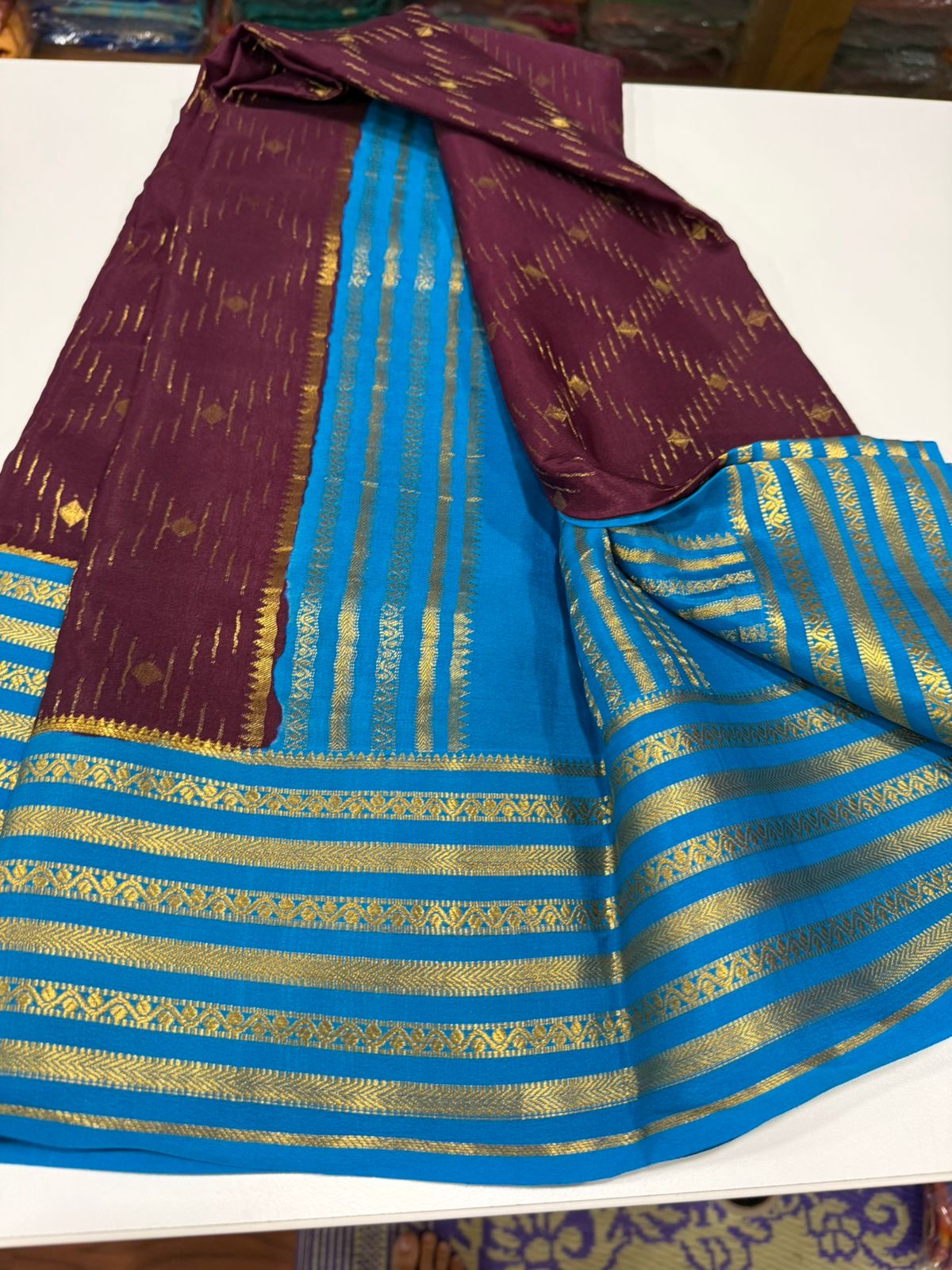 Contrast combination pattern mysore silk sarees with rich pallu