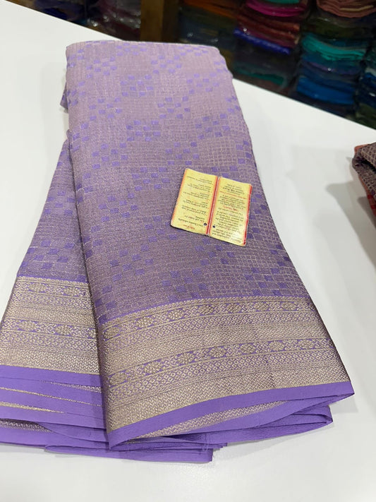 Pure Mysore Silk Sarees with Beautiful Silk brocade fabric with silver zari weaving allover saree with rich pallu n plain blouse with borders