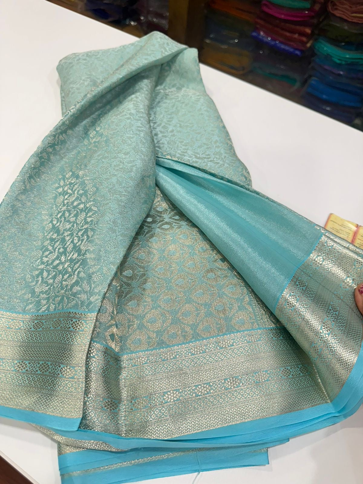 Pure Mysore Silk Sarees with Beautiful Silk brocade fabric with silver zari weaving allover saree with rich pallu n plain blouse with borders