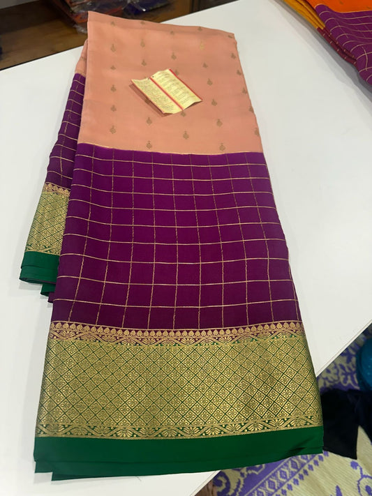 Pure Mysore Silk Sarees with Traditional Checks and Motif design Pattern along with Rich Pallu