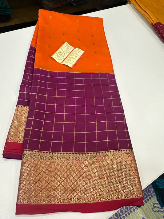 Pure Mysore Silk Sarees with Traditional Checks and Motif design Pattern along with Rich Pallu