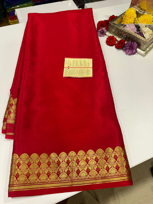 Pure Mysore silk sarees with 100 grm thickness and traditional flower border with beautiful color combinations which comes with elegant colors