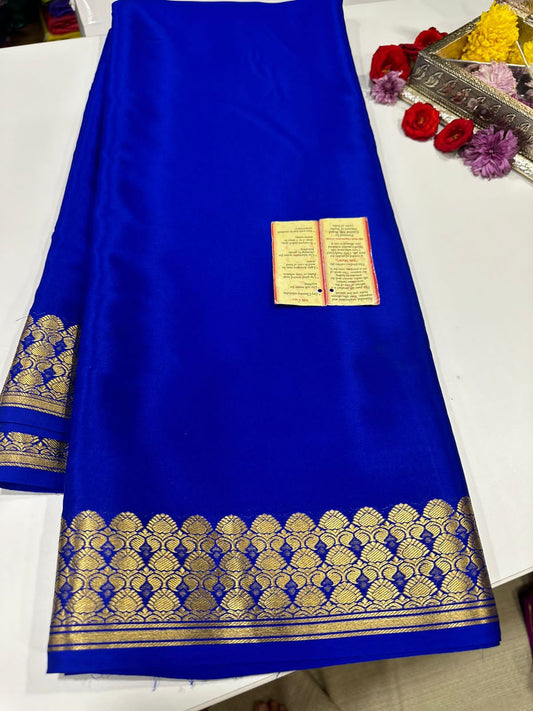 Pure Mysore silk sarees with 100 grm thickness and traditional flower border with beautiful color combinations which comes with elegant colors