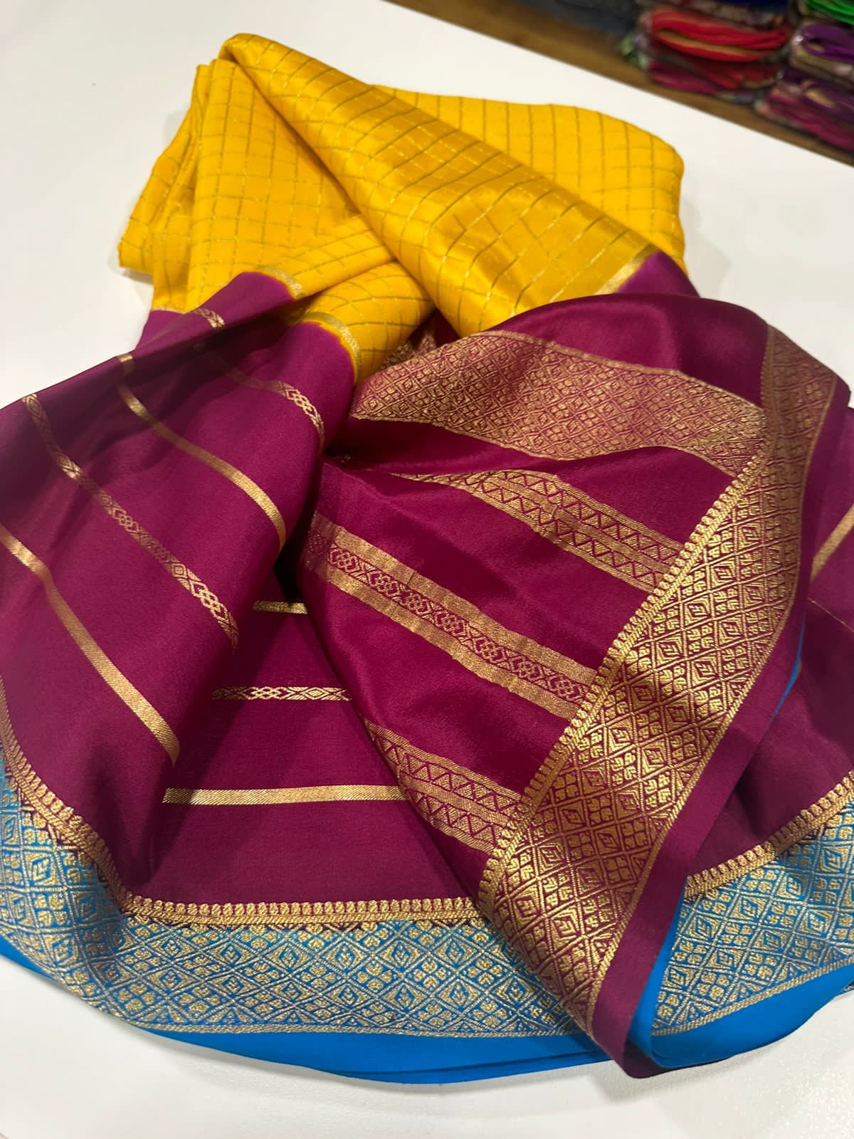 Pure Mysore silk sarees with 120 grm thickness and rich pallu, exclusive designs along with beautiful color combinations