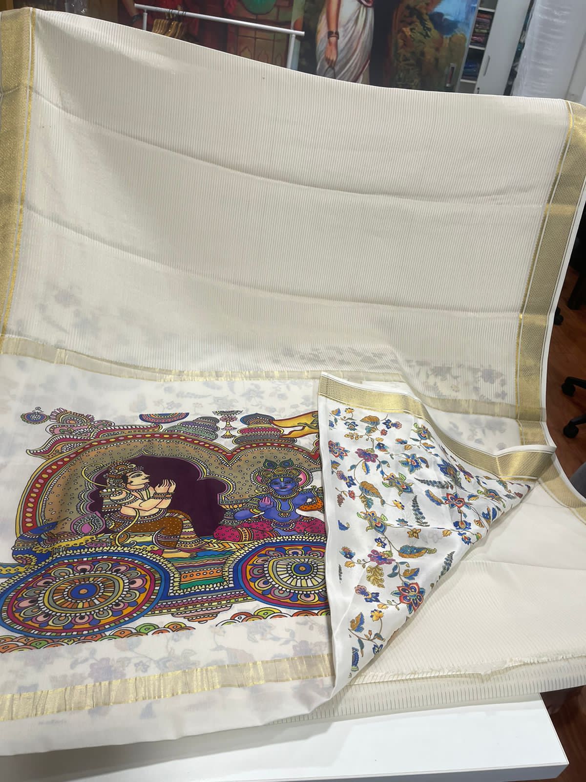 Pen Kalamkari mysore silk saree with 100 to 120 grm thickness