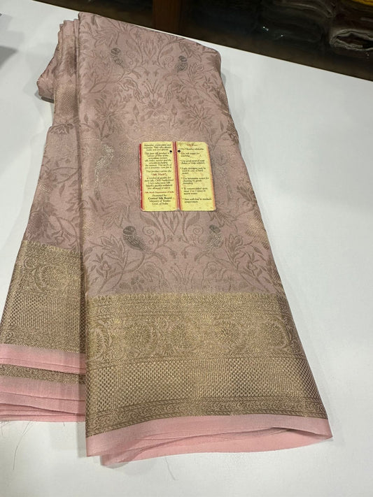 Pure brocade Mysore silk sarees with 120 grm thickness and beautiful Silk brocade fabric with silver zari weaving allover saree with rich pallu n plain blouse with borders