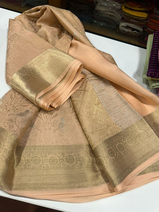 Pure brocade Mysore silk sarees with 120 grm thickness and beautiful Silk brocade fabric with silver zari weaving allover saree with rich pallu n plain blouse with borders