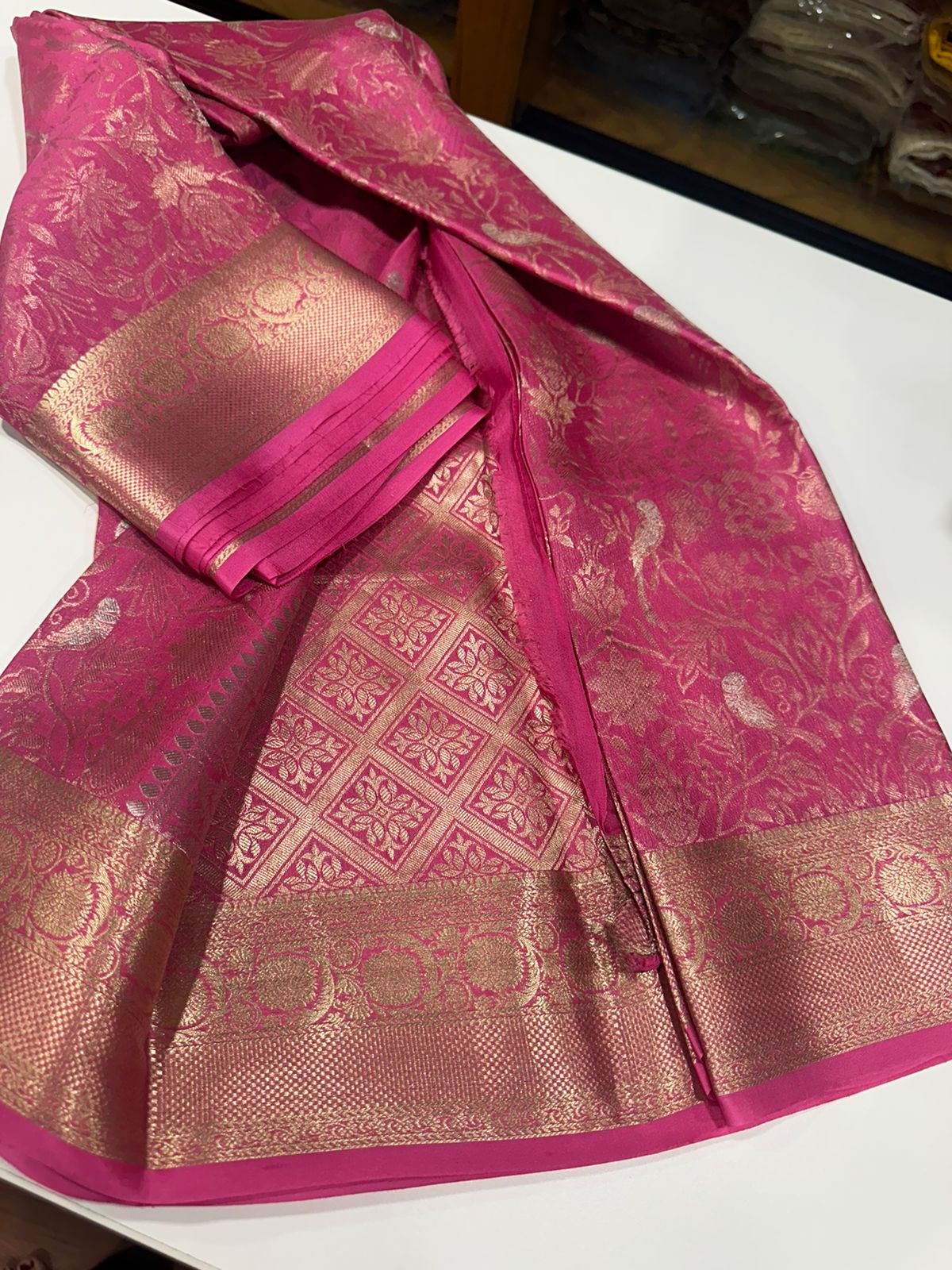 Pure brocade Mysore silk sarees with 120 grm thickness and beautiful Silk brocade fabric with silver zari weaving allover saree with rich pallu n plain blouse with borders