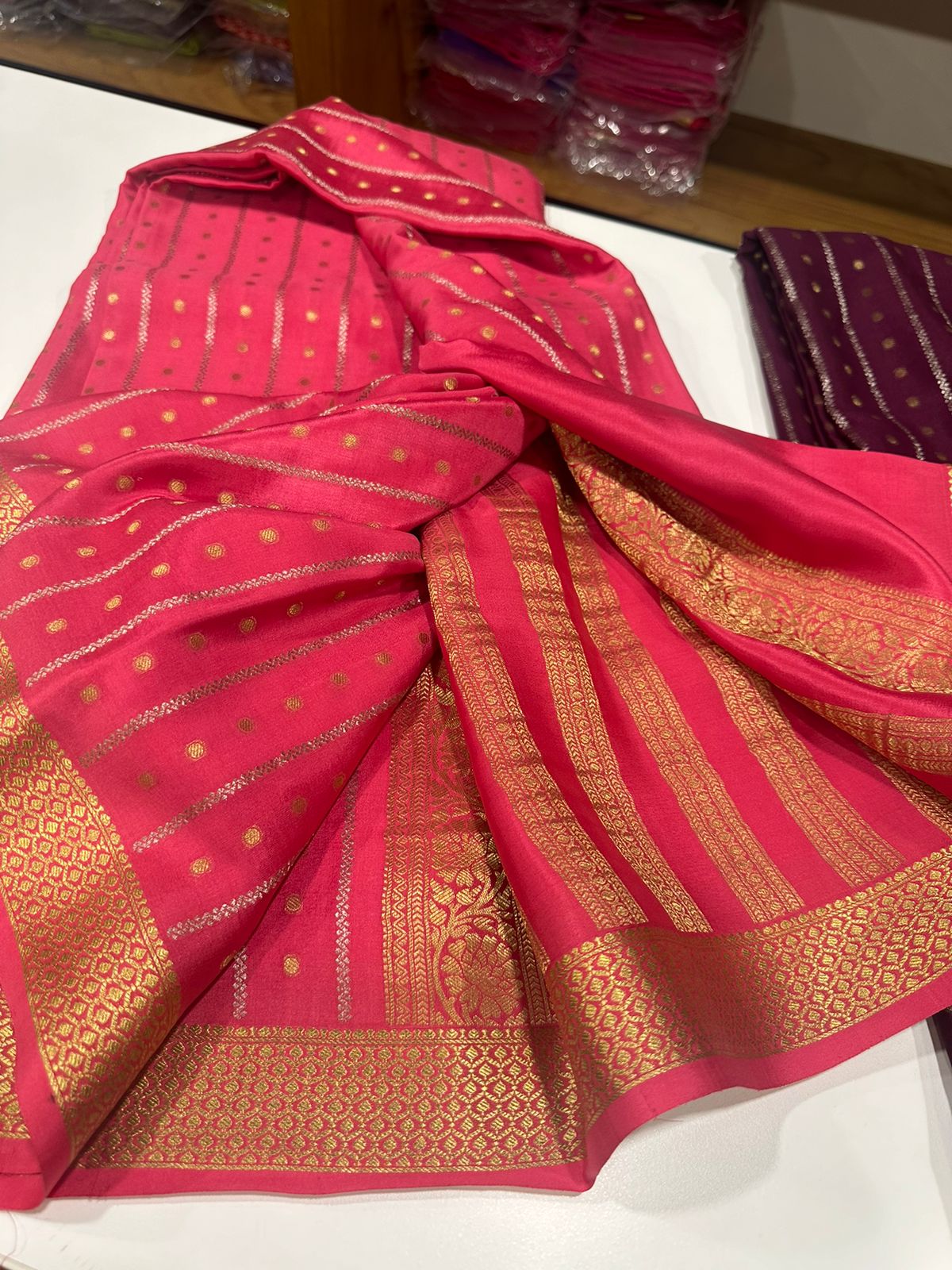 Pure Mysore silk sarees with 120 grm thickness and heavy borders with traditional motif design pattern with beautiful color combination with rich Pallu