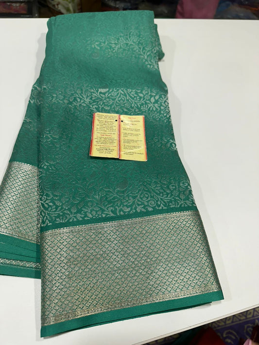 Pure Mysore silk saress Beautiful Silk brocade fabric with silver zari weaving allover saree with rich pallu n plain blouse with borders
