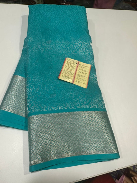 Pure Mysore silk saress Beautiful Silk brocade fabric with silver zari weaving allover saree with rich pallu n plain blouse with borders