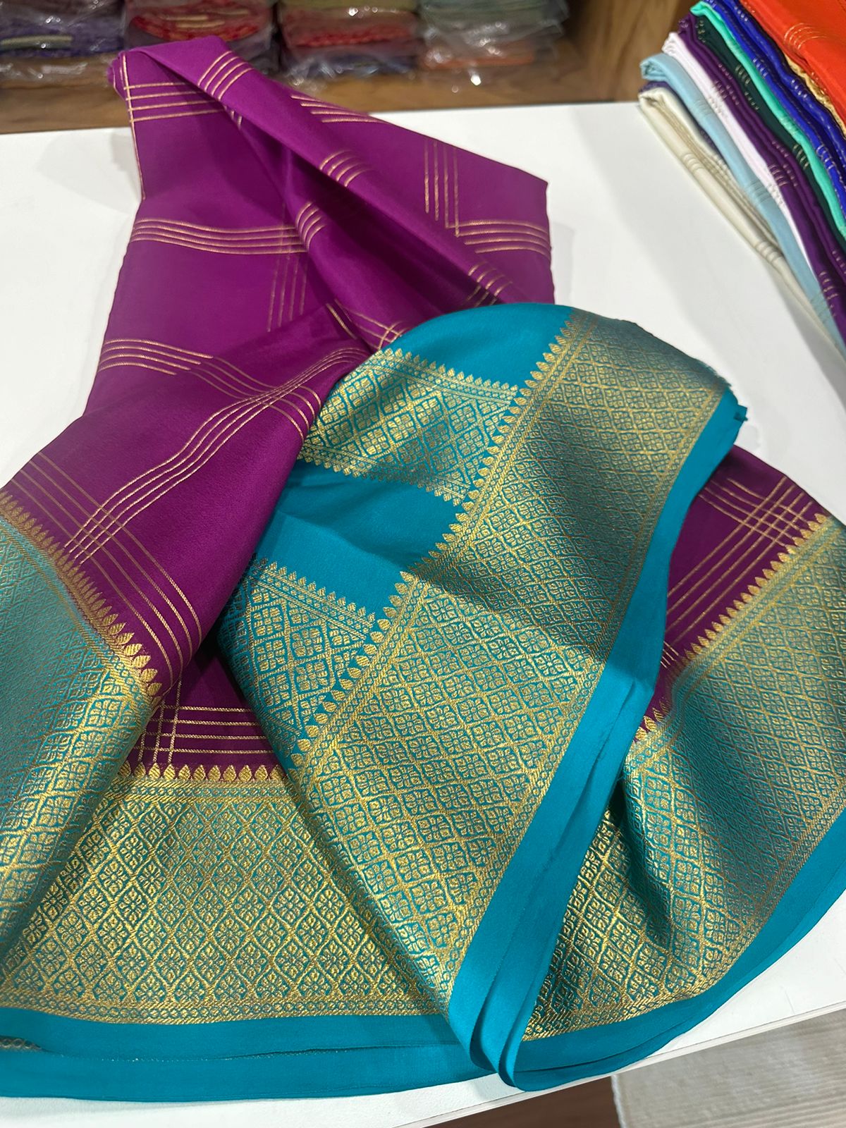 Pure Mysore silk sarees Double line checks pattern with rich Pallu All exclusive designs with beautiful color combinations