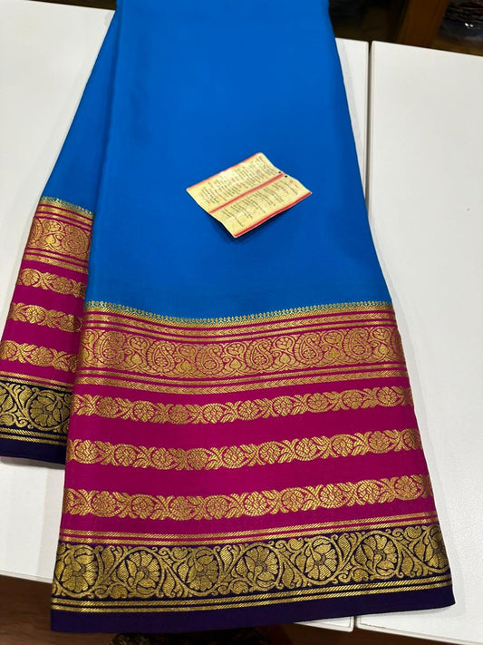 Pure Mysore silk sarees with Traditional border with elegant color combinations   This saree comes with rich Pallu