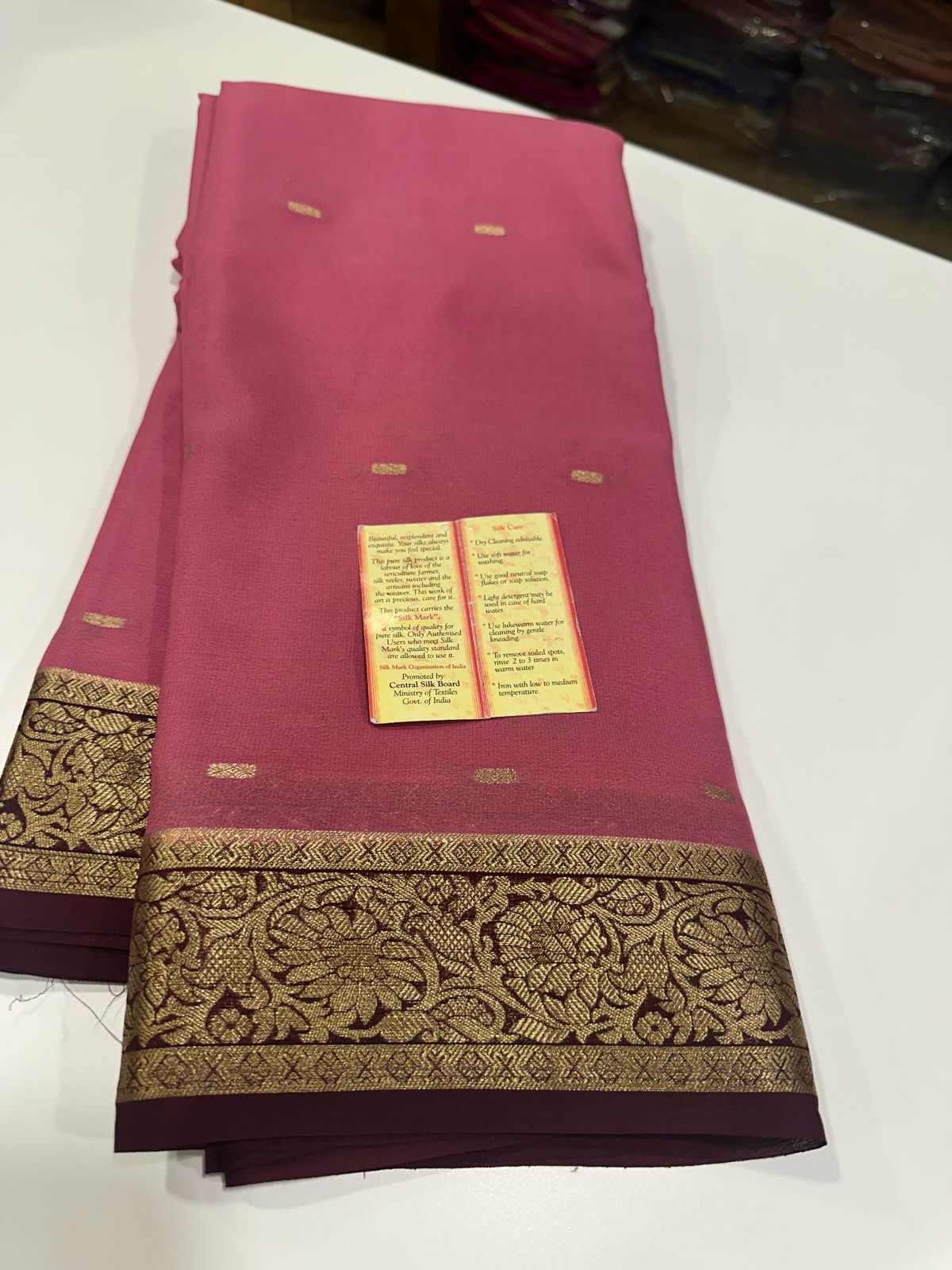 Pure Mysore Silk Saress Traditional borders which comes with contrast color blouse and Pallu with motif pattern