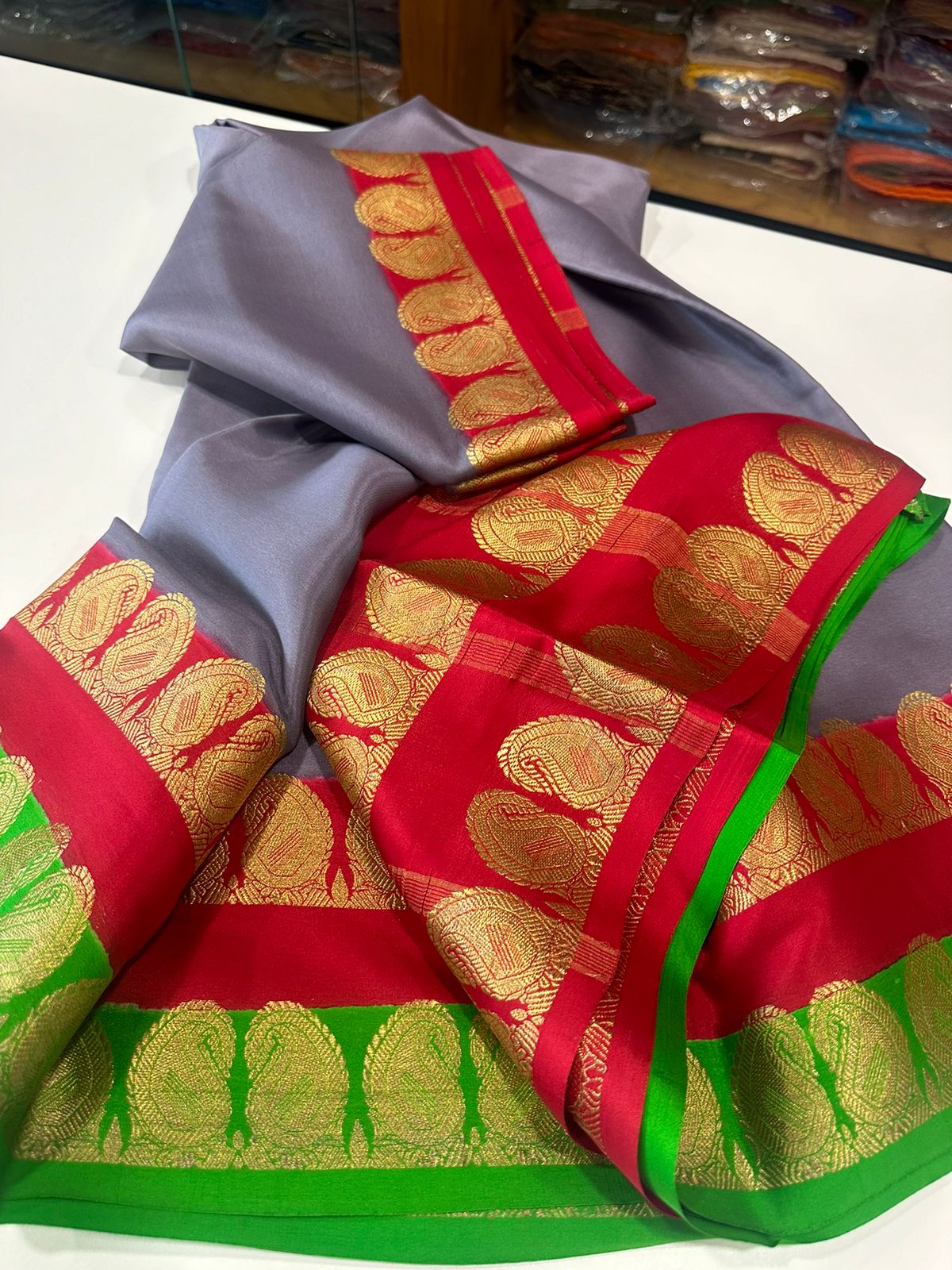 Pure Mysore silk saress with Double mango border with contrast combination...... which comes with contrast pallu n blouse piece