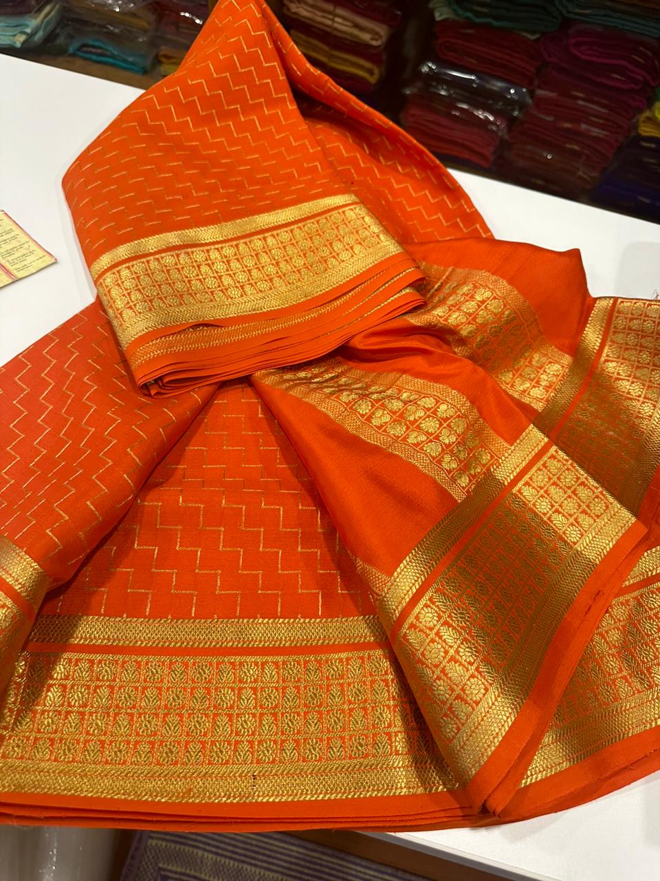 Pure Mysore silk sarees with Heavy borders with traditional step design pattern with beautiful color combination with elegant border