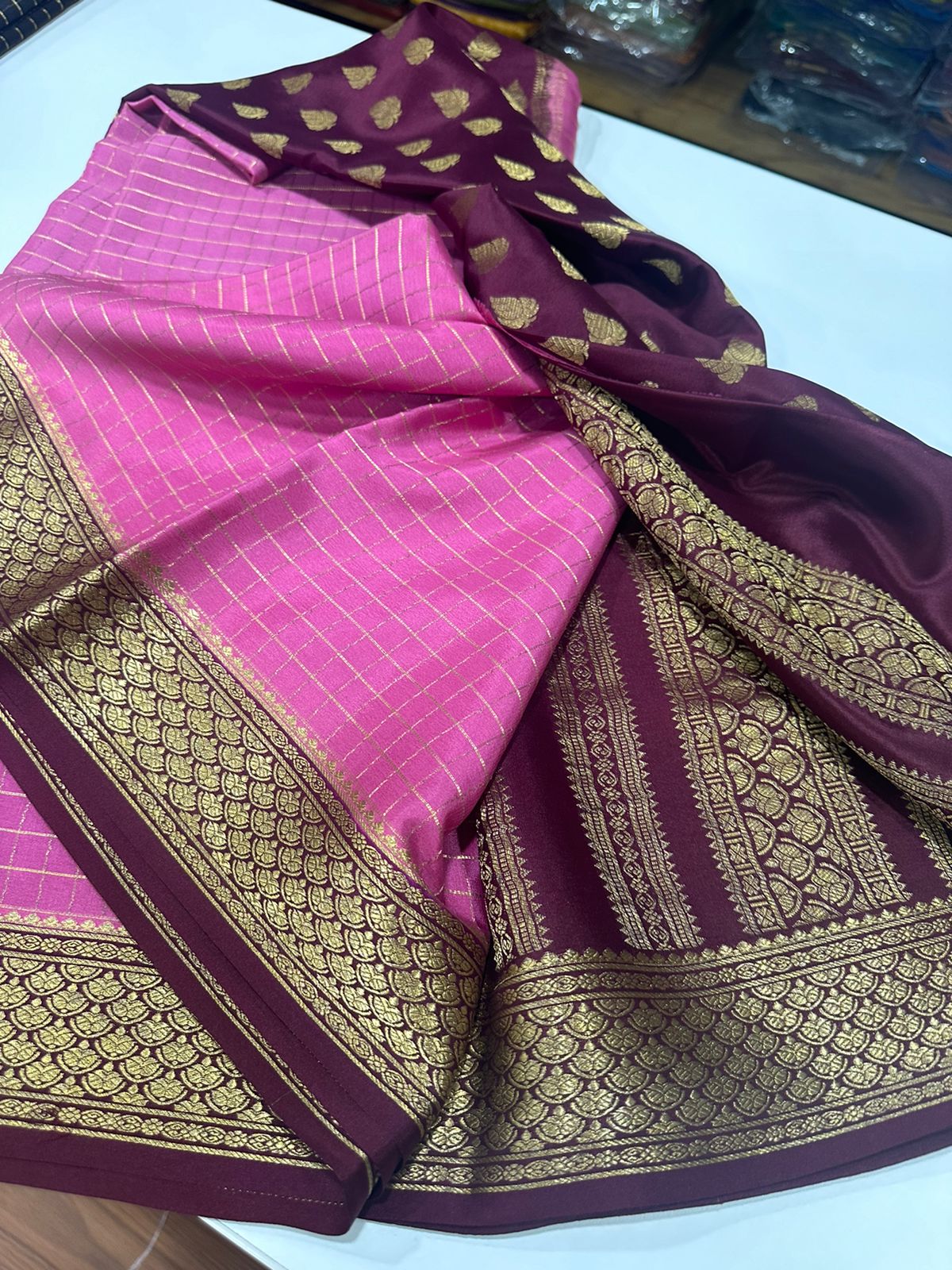 Pure Mysore silk saress Elegant colors with beautiful border  partly pallu pattern with checks and motifs