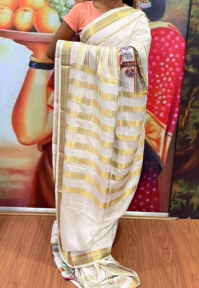 Pure Mysore silk sarees with Traditional borders with elegant color combinations digital print Pallu and blouse