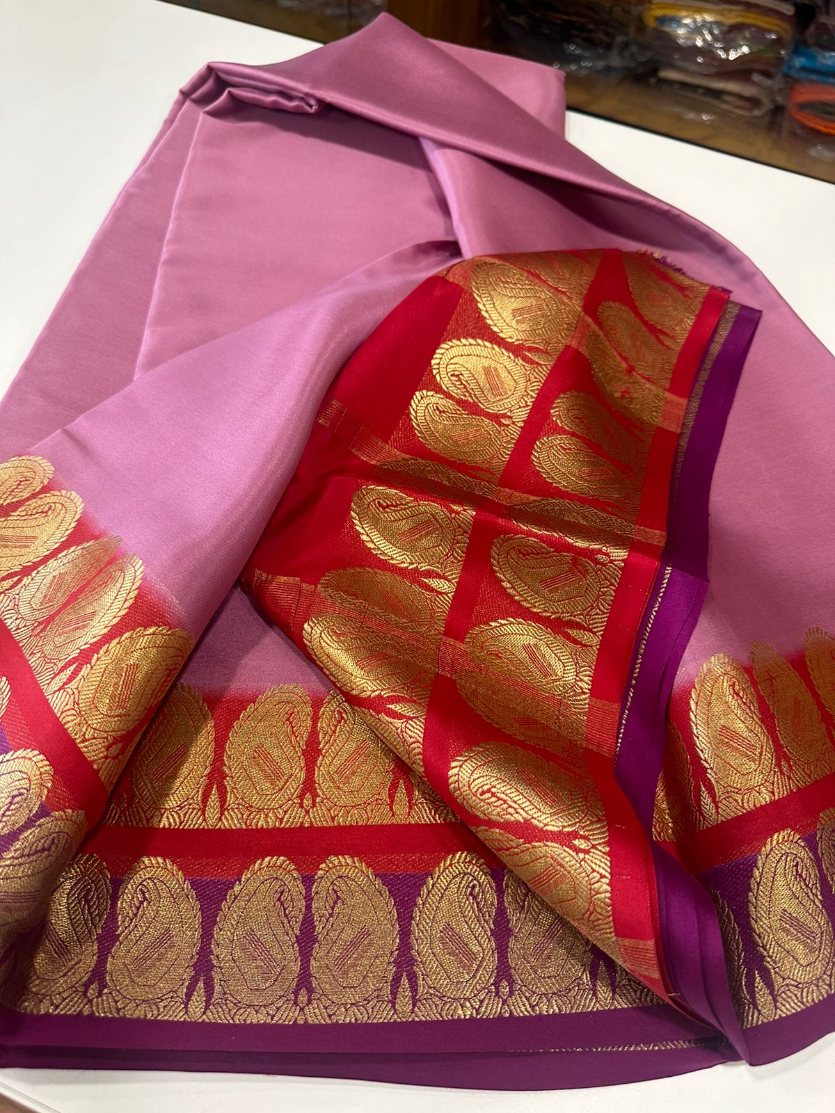 Pure Mysore silk saress with Double mango border with contrast combination...... which comes with contrast pallu n blouse piece